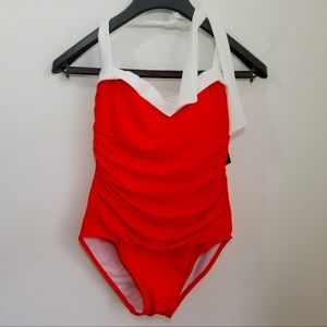 Lauren RL Slimming Tummy Control Ruched Halter in Red/Orange.
